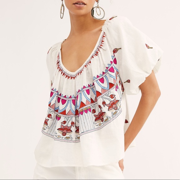 Free People Tops - Free People embroidered puff sleeve crop top l